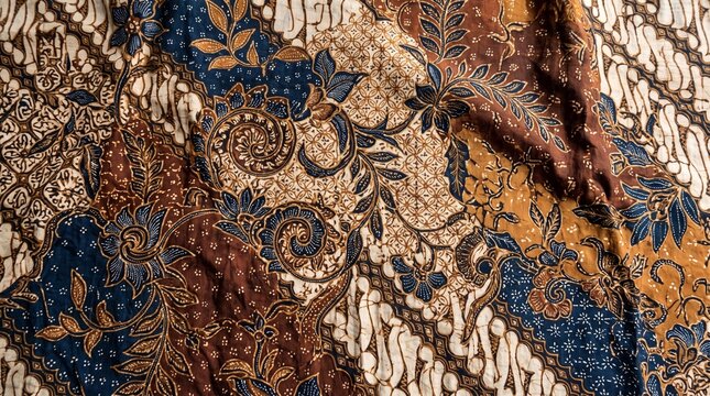 Close Up of Traditional Indonesian Batik Fabric Pattern with Brown and Navy Blue Floral Motifs for Background