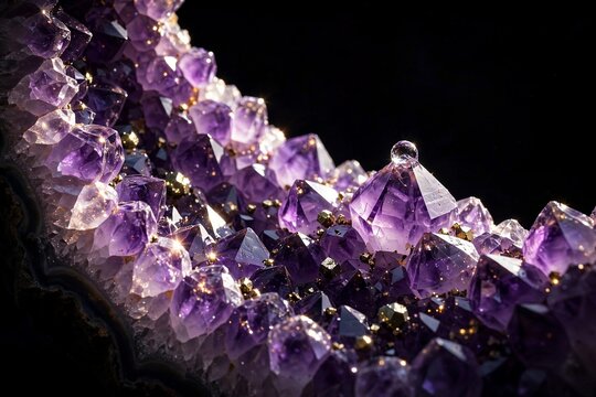 Sparkling amethyst crystals with a water droplet in a cracked geode on a black background