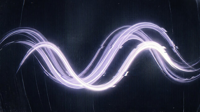 Glowing light waves with digital glitch effects on a dark background