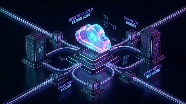 Abstract cloud computing network concept with interconnected digital nodes and data flow