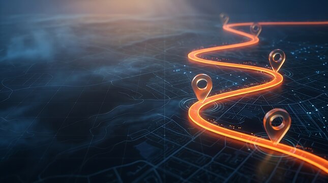 Glowing orange winding road path with map pin markers on dark city landscape
