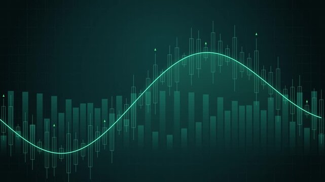 Digital candlestick chart with oscillating trend line on dark green market screen.