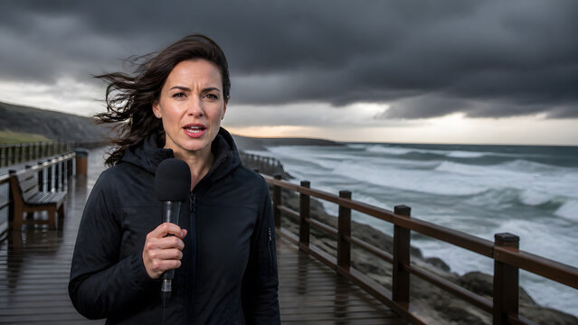 Female news reporter holding microphone on seaside boardwalk during storm with windblown hair rough ocean wave