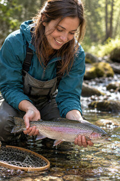 Regenbogenforelle in den H&auml;nden einer Anglerin. Eine l&auml;chelnde Frau kniet im flachen Bachwasser und pr&auml;sentiert den silbrig schimmernden Fisch neben einem Holzrahmenkescher.