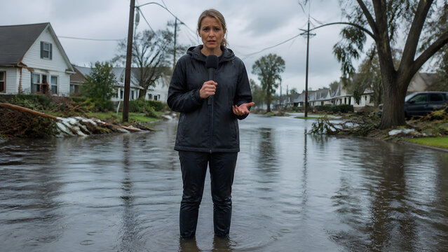 Female news reporter standing in flooded residential street reporting live after storm with damaged tree and sandbag