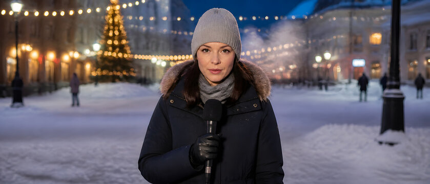 Female news reporter holding microphone in snowy town square at dusk with glowing christmas tree and lights