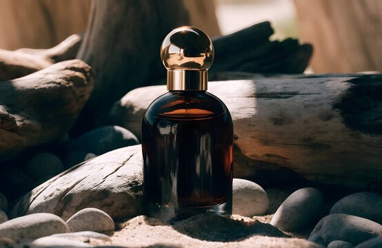 Black perfume bottle on dark stones and sand