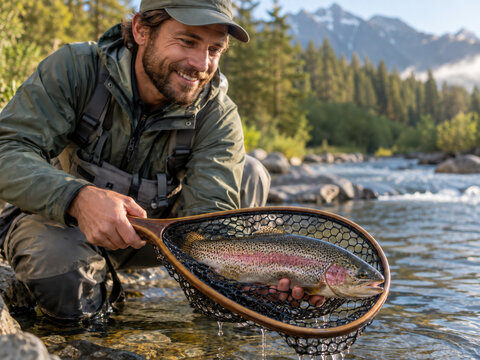 Angler mit Forelle vor Bergkulisse. Ein l&auml;chelnder Mann mit Kappe kniet im flachen Bachwasser und h&auml;lt einen Holzrahmenkescher mit einer Forelle vor Wald und hohen Bergen.