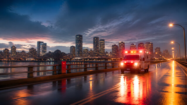 Ambulance with flashing red lights driving across wet bridge at dusk with city skyline and cloudy sky
