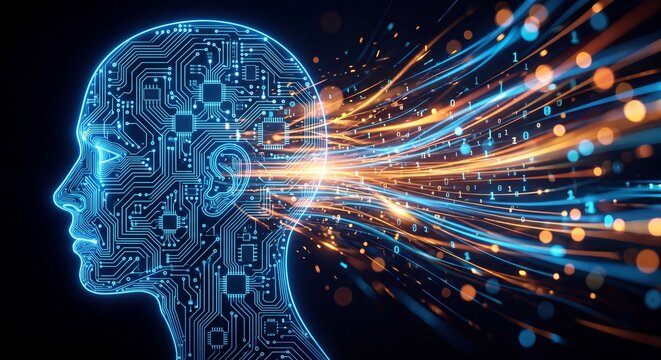 A digital human head silhouette made of circuit board lines with flowing data light streams with profile composed electronic patterns emits streaks