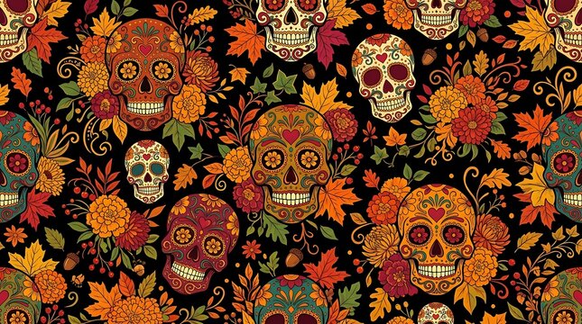 Autumn seamless pattern with day of the dead sugar skulls and fall leaves