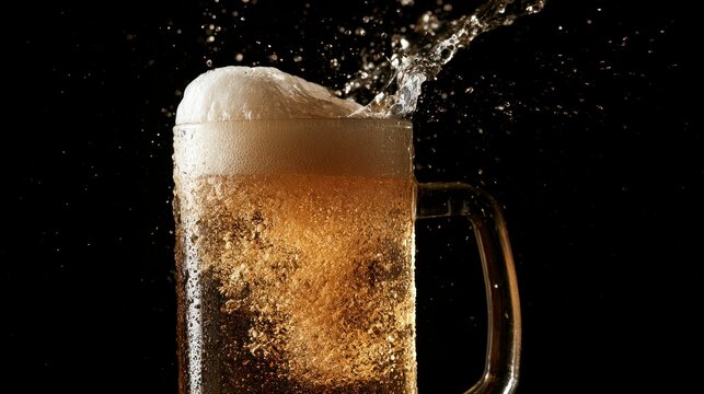 Fresh cold beer splashing out of a glass mug with foam against a black background