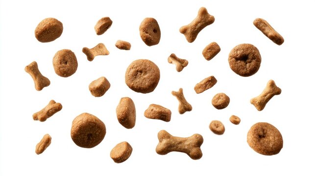 Assorted crunchy dry pet food and bone shaped treats isolated on white background