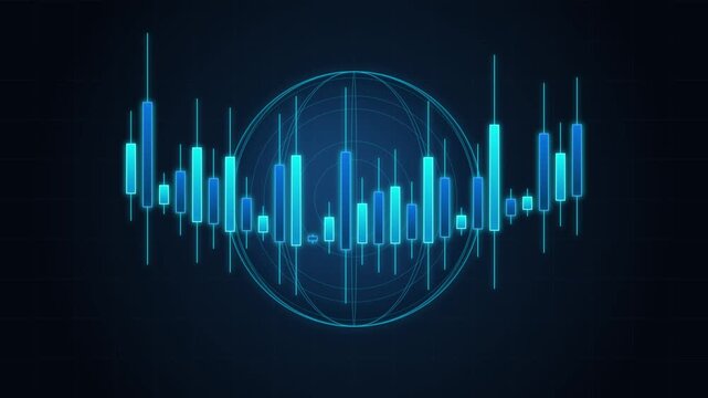Digital candlestick chart overlaying wireframe globe on dark technological grid background.