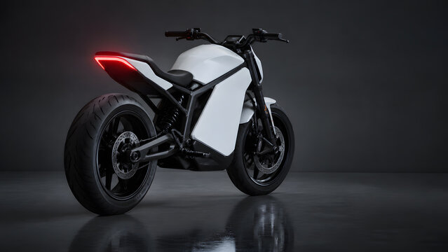 White electric motorcycle with red taillight parked in dark studio with reflective floor and moody lighting