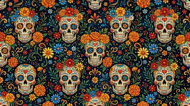 Seamless pattern with decorated sugar skulls and marigold flowers