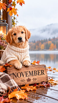 Ginger Puppy in a Knitted Sweater with a Wooden November Sign on an Autumn Lakeside Terrace, Copy Space Above