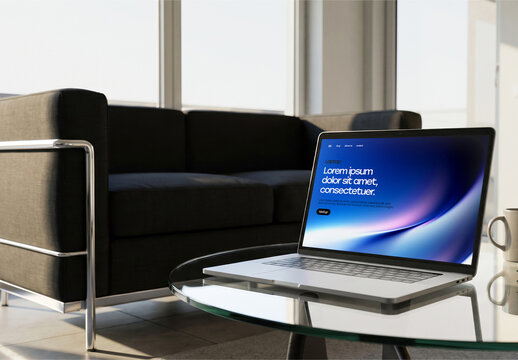 Laptop on Glass Coffee Table in Living Room Mockup
