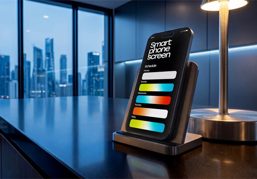 Smartphone on Wireless Charger with City View Mockup