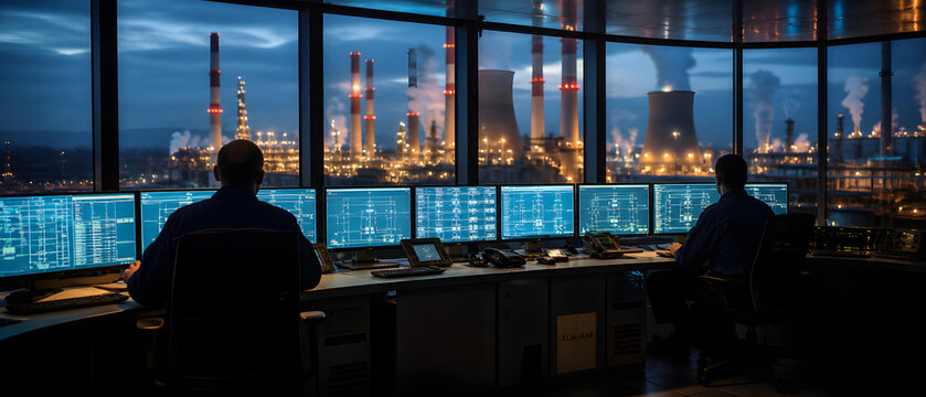Engineer working at power plant control room with multiple monitor and large window overlooking industrial plant