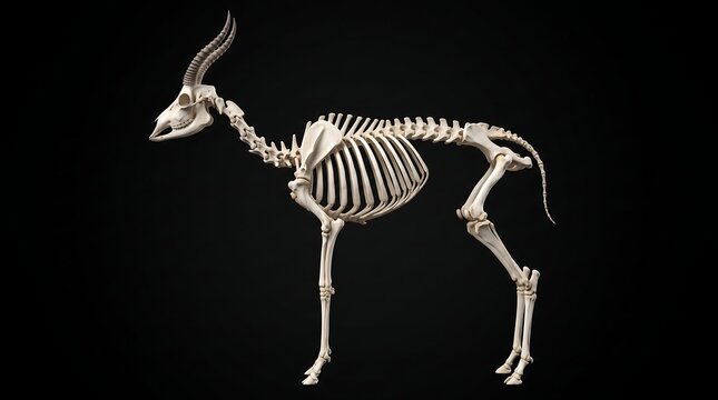 Gazelle skeleton featuring delicate horns and slender leg bones for advanced comparative anatomy and zoological studies