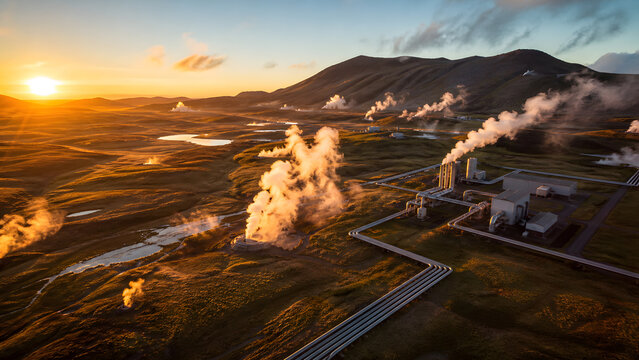 Geothermal power plant with steam vent and pipeline in volcanic landscape at golden sunset aerial view