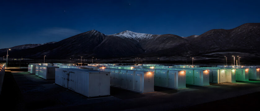 Battery energy storage facility with white container unit glowing at night beneath snowy mountain under starry sky