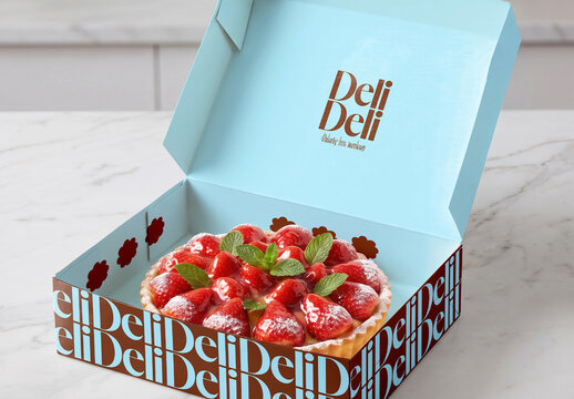 Open Cake Box with Strawberry Tart on Kitchen Counter Mockup