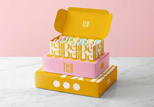 Stacked Pastry Boxes with Macarons Mockup