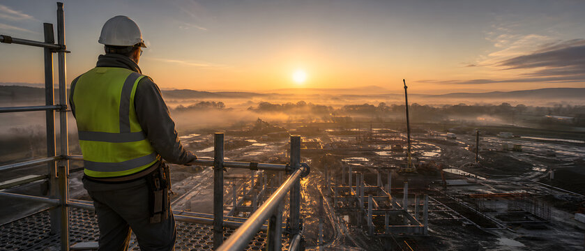 Construction worker in hard hat and safety vest overlooking foggy building site at sunrise from scaffolding platform
