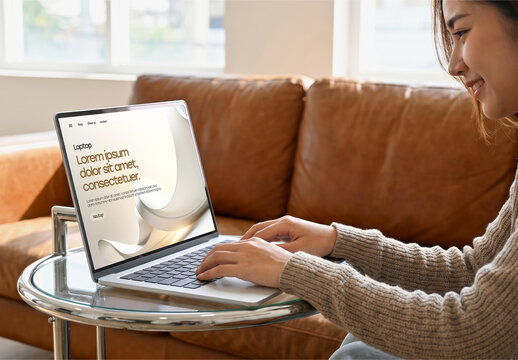 Woman Typing on Laptop at Home Sofa Mockup