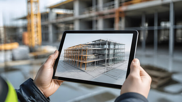 Hands holding tablet showing three dimensional building model with blurred construction site and crane in background
