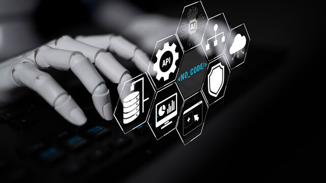 Futuristic Robot Hand Interacting with Digital Interface Representing No-Code Development and Modern Technological Advances Quark.