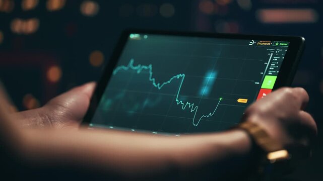 Stock candles and price data shown on a tablet screen. Mobile trading and market overview