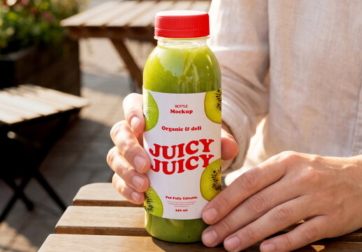 Hands Holding Juice Bottle at Outdoor Cafe Mockup