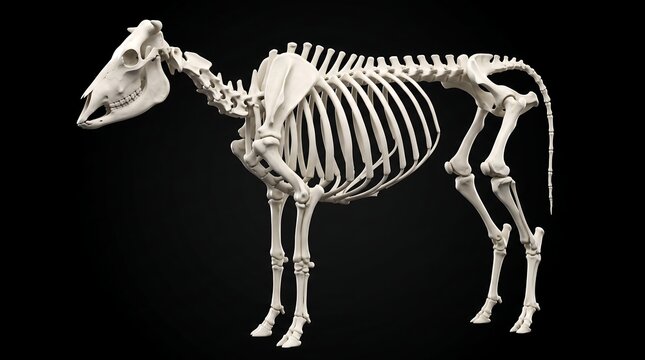 Equine skeleton showing horse bone structure and anatomical alignment on dark background