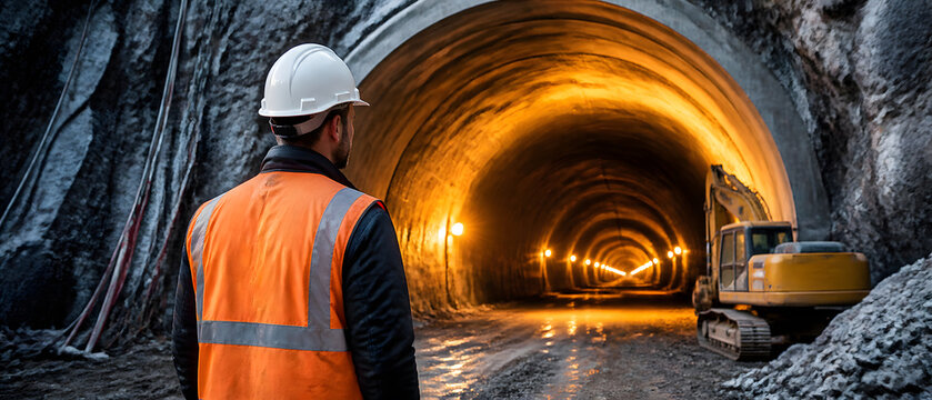 Construction worker in orange vest and white helmet facing lit tunnel with yellow excavator inside rock mountain