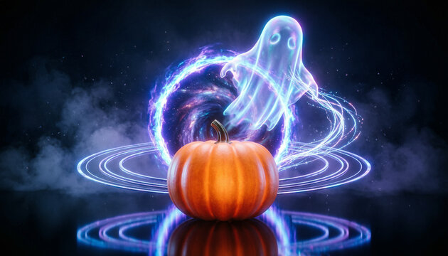 Glowing Halloween ghost emerging from magic portal, orange pumpkin with neon light trails, spooky supernatural fantasy scene