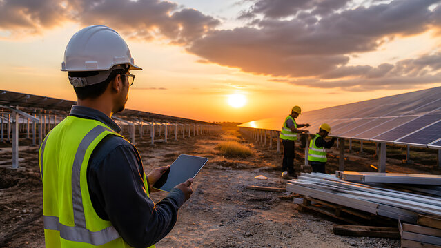 Engineer in white helmet and yellow vest holding tablet at solar farm construction with workers at sunset