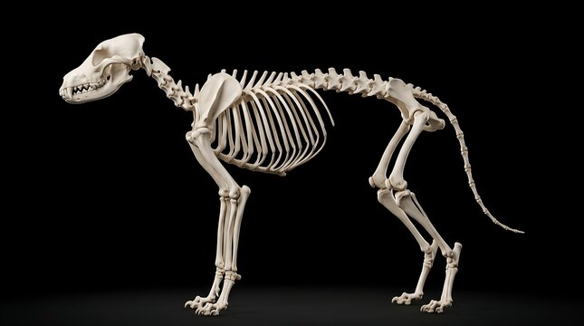 Canine skeleton model showing dog bone structure and anatomy on black background