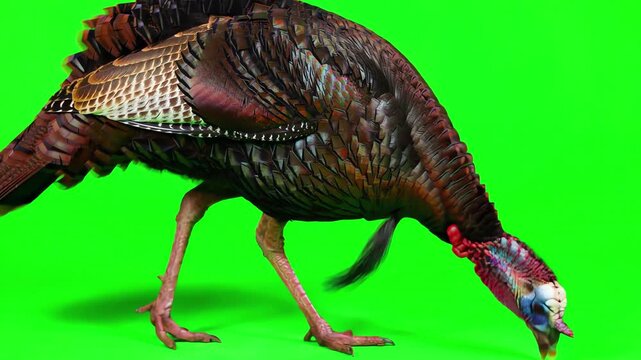 Wild turkey walking and pecking on green screen background with chroma key for video editing and post production