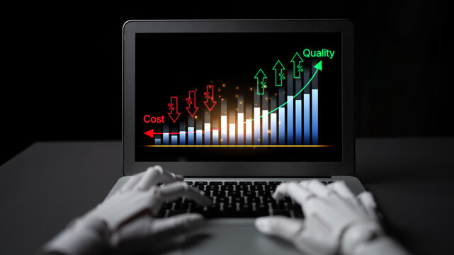 Robot Hand Interacting with Laptop Displaying Graph Illustrating Cost and Quality Trends in Business Metrics. Bitwise.