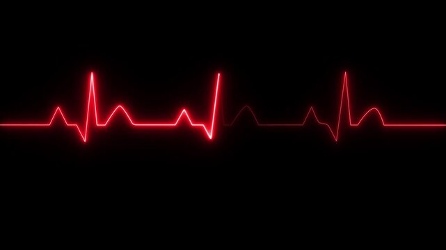 Red Neon electrocardiogram line on black background with flatline heart rate pulse.ECG monitor beating heart with a neon electrocardiogram overlay, elements.Abstract neon heartbeat live screen .