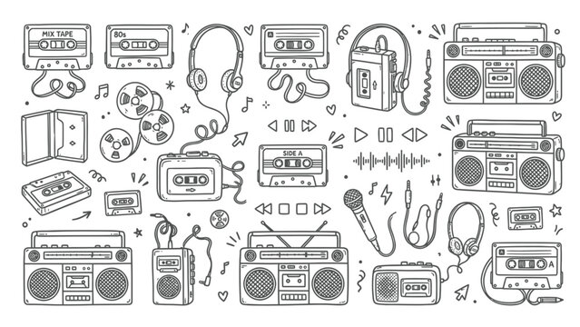 Retro 80s 90s music equipment doodle set, vintage cassette tape and boombox vector illustrations, classic audio player and headphone icons