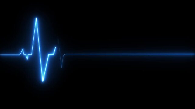Blue Neon electrocardiogram line on black background with flatline heart rate pulse.ECG monitor beating heart with a neon electrocardiogram overlay, elements.Abstract neon heartbeat live screen .