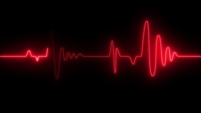 Red Neon electrocardiogram line on black background with flatline heart rate pulse.ECG monitor beating heart with a neon electrocardiogram overlay, elements.Abstract neon heartbeat live screen .
