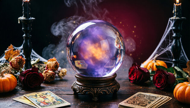 Mystical crystal ball glowing with purple energy, spooky Halloween altar with tarot cards and pumpkins, occult divination and magic scene