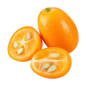 Fresh whole and sliced kumquat fruits with seeds isolated on transparent background for healthy food and cooking recipes