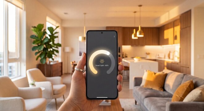 A hand holding a smartphone to control smart home lighting in a modern living room with smartphone application adjust lights within contemporary