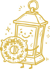 Fototapeta premium Smiling lantern holding decorative wreath line art